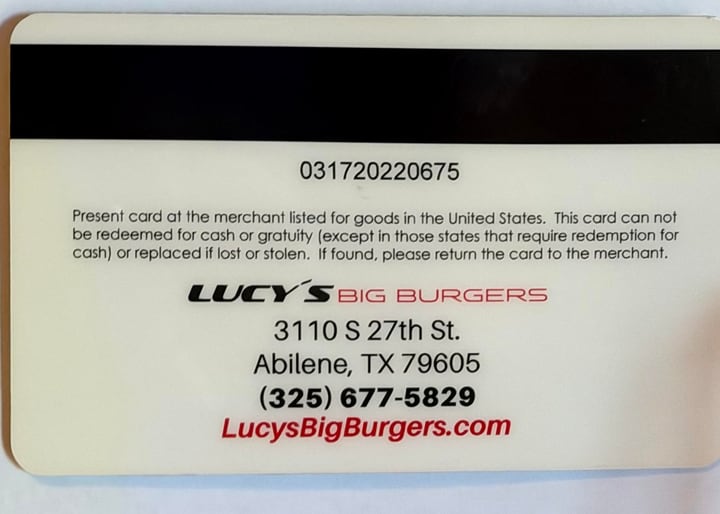 Lucy's Big Burgers printed gift card back